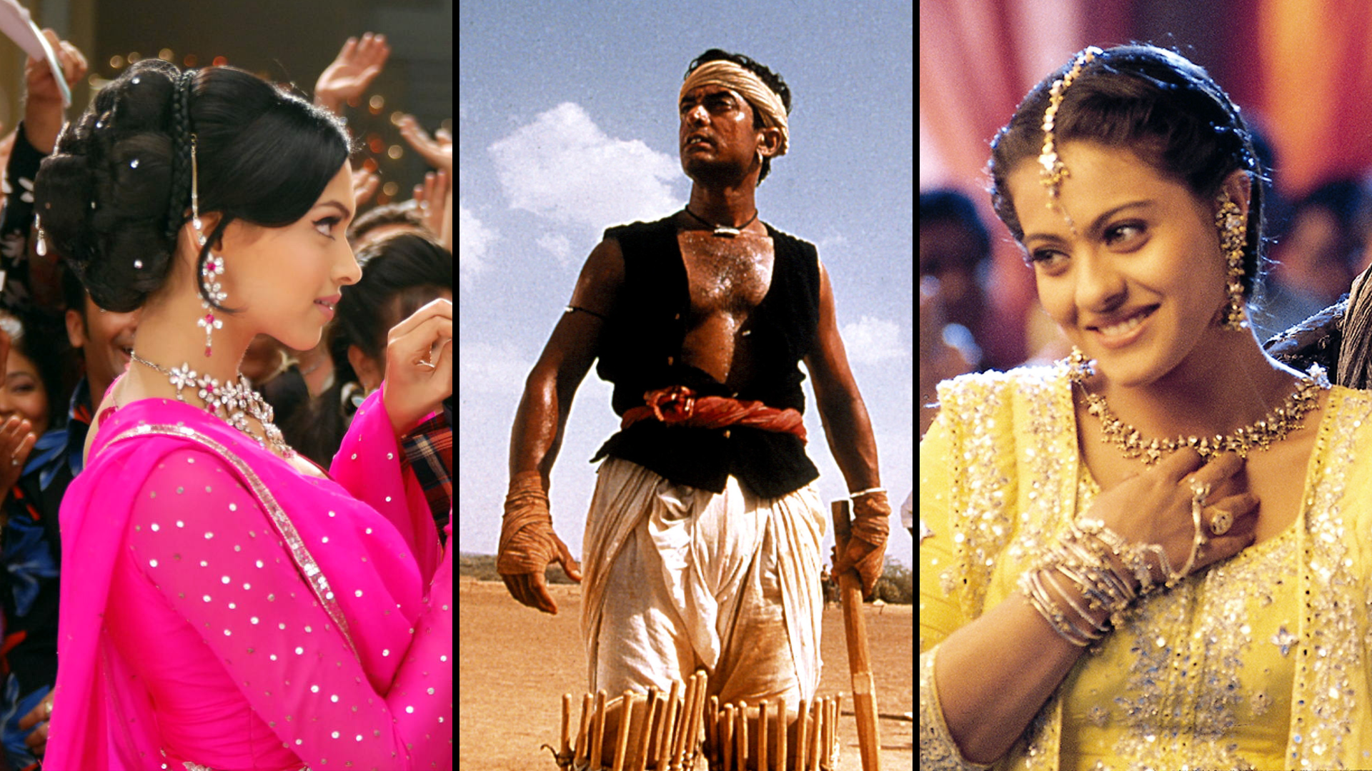 Side-by-side stills from 'Om Shanti Om,' 'Lagaan,' and 'Kabhi Khushi Kabhie Gham'