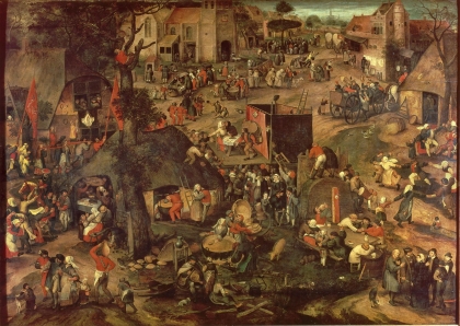 Pieter Balten (attr.), Een opvoering van de klucht 'Een cluyte van Plaeyerwater' op een Vlaamse kermis (late 16th c.).