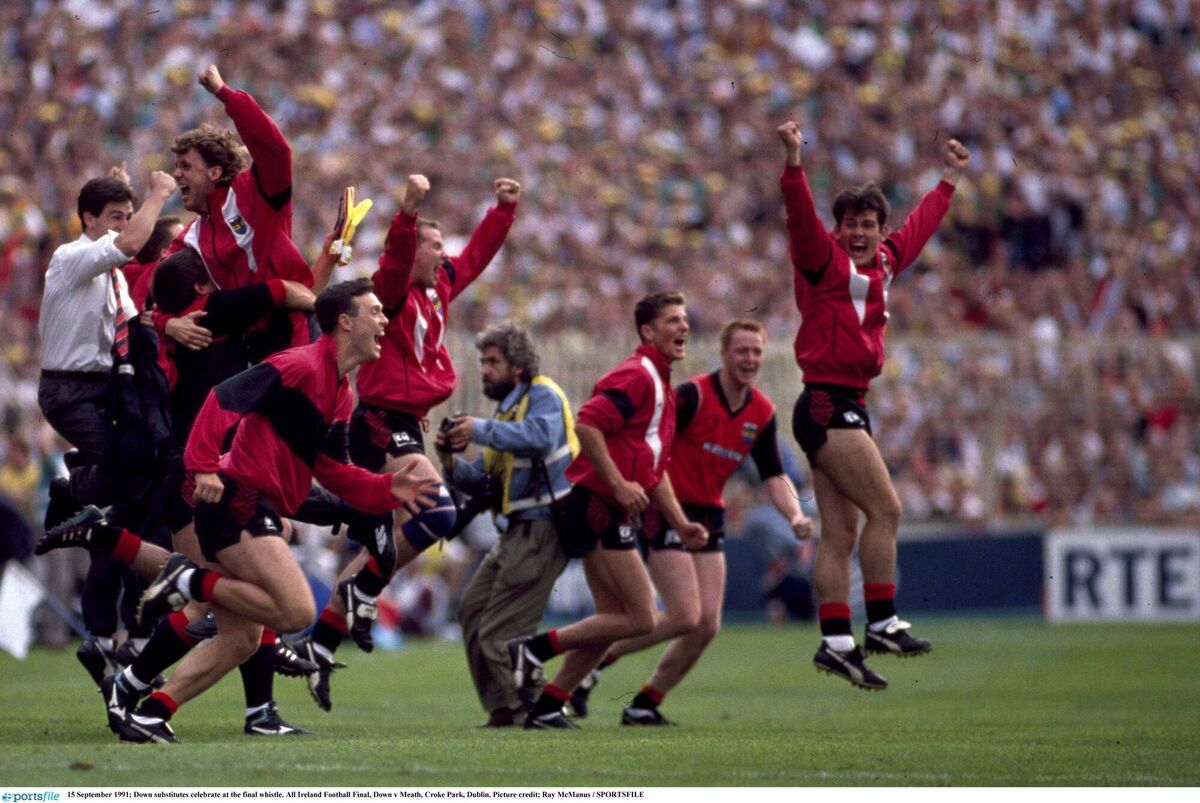 Down substitutes celebrate at the final whistle of the 1991 All-Ireland football final. Picture: Ray McManus / SPORTSFILE