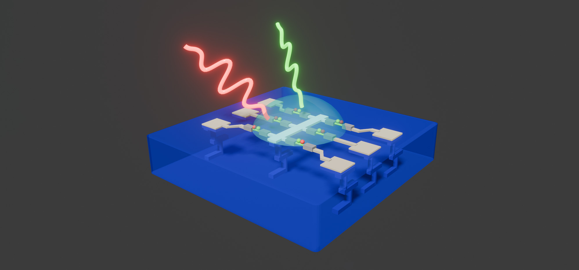 an optical sensor that also processes data. The transparent dome represents interactions between photons (red and green) and the nanoscale elements on the substrate. Carbon nanotubes with quantum dots (small spheres) are shown connected to CMOS circuitry below.