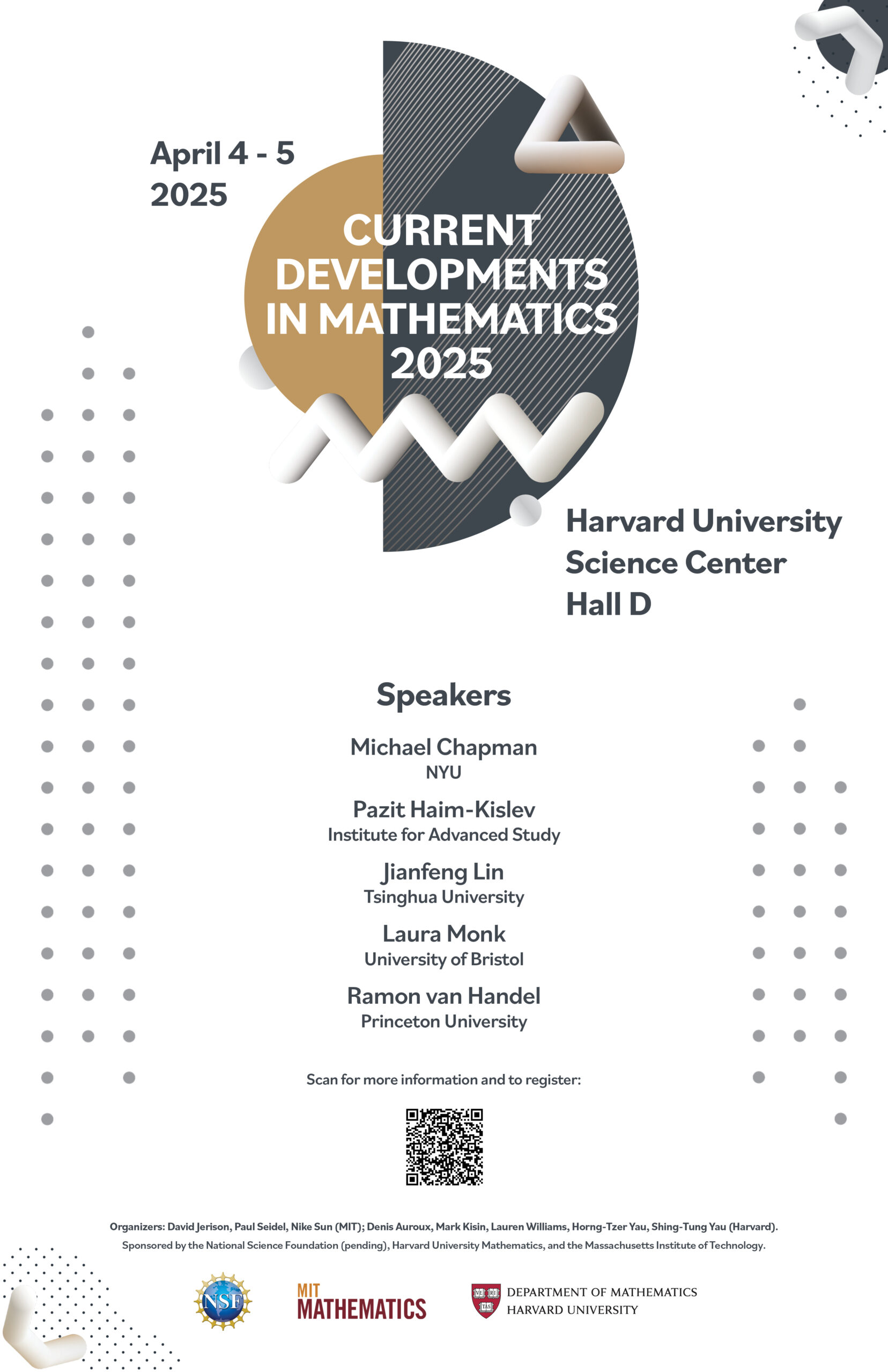 A poster with information about the 2025 Current Developments in Mathematics conference held at Harvard.