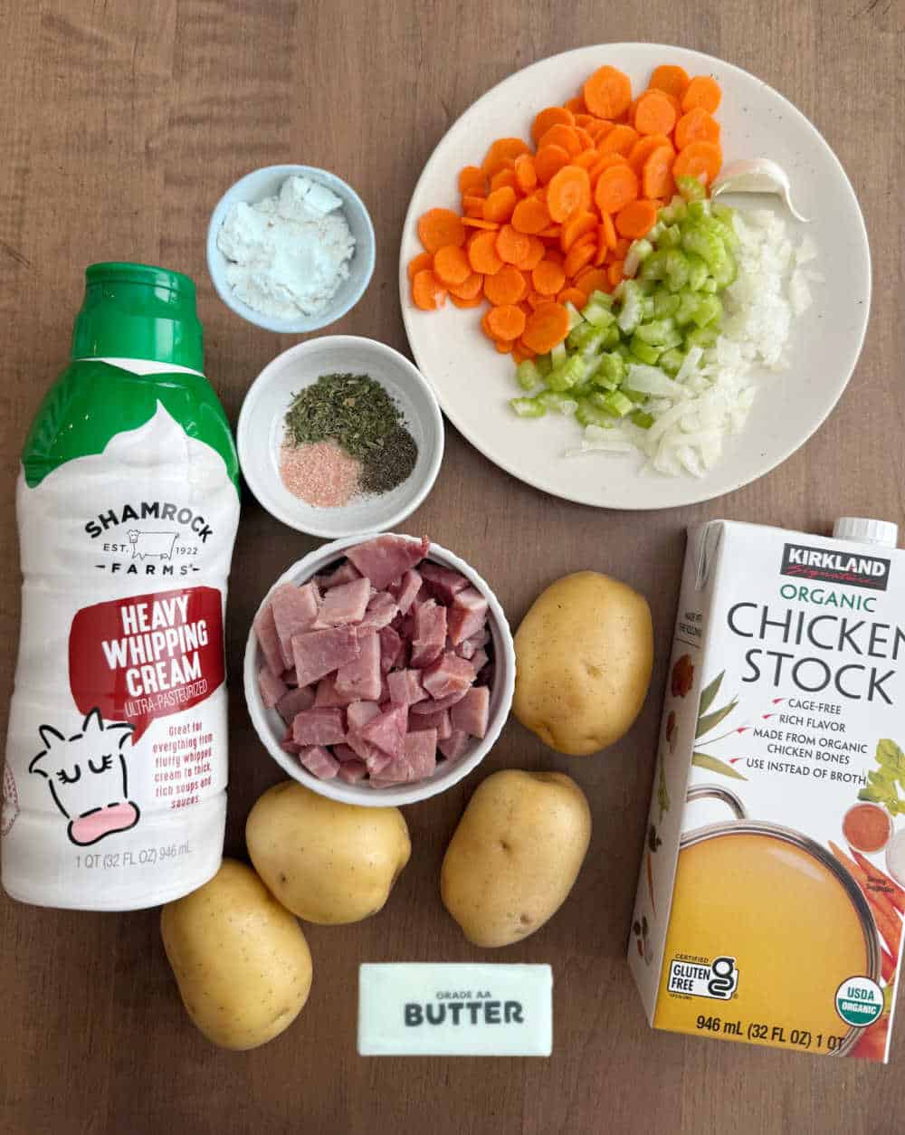 diced ham, yukon potatoes, chicken stock and ingredients for soup.