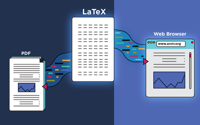 Illustration shows a screen of type being converted to two others, one in PDF format and another in web-style html format.