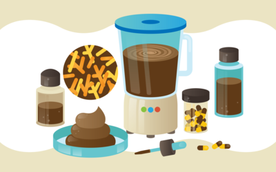 Illustration shows blender with brown material alongside vials of brown liquid and pills, and a petri dish holding poop. 