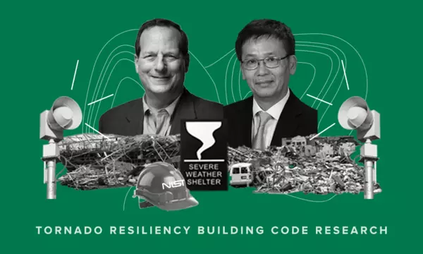 Photos of Marc Levitan and Long Phan are part of a collage of tornado images labeled: Tornado Resiliency Building Code Research