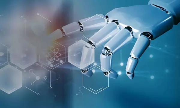 Robotic hand with finger touching a virtual computer dashboard with icons including atomic model