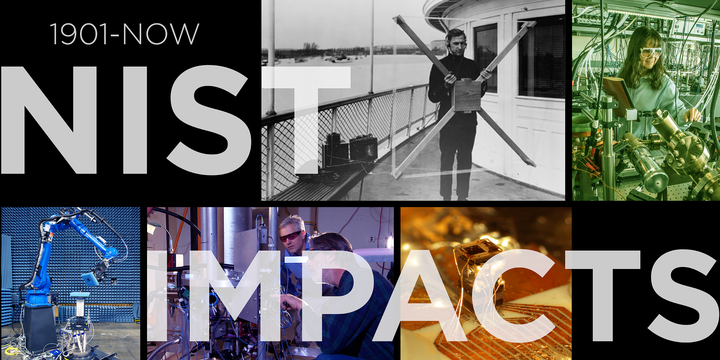Text: 1901-Now NIST Impacts. Top row: man with old antenna (B&W), woman at laser table // bottom row: antenna, men at atomic clock, chip scale atomic clock