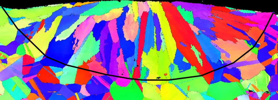 EBSD map of the same cross section shown in Figure 7.  The black line shows the location of the melt pool boundary.