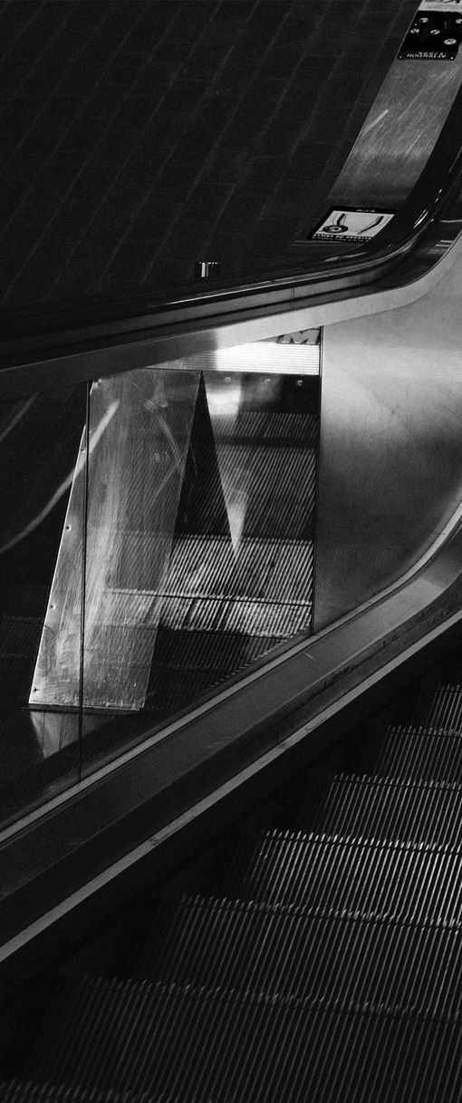 Downward view from the top of an escalator