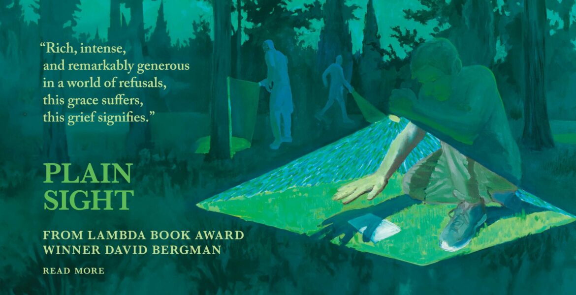 Slide features cover art from a new book and reads: “Rich, intense, and remarkably generous in a world of refusals, this grace suffers, this grief signifies.” Plain Sight, new from Lambda Book Award Winner David Bergman. Read more.