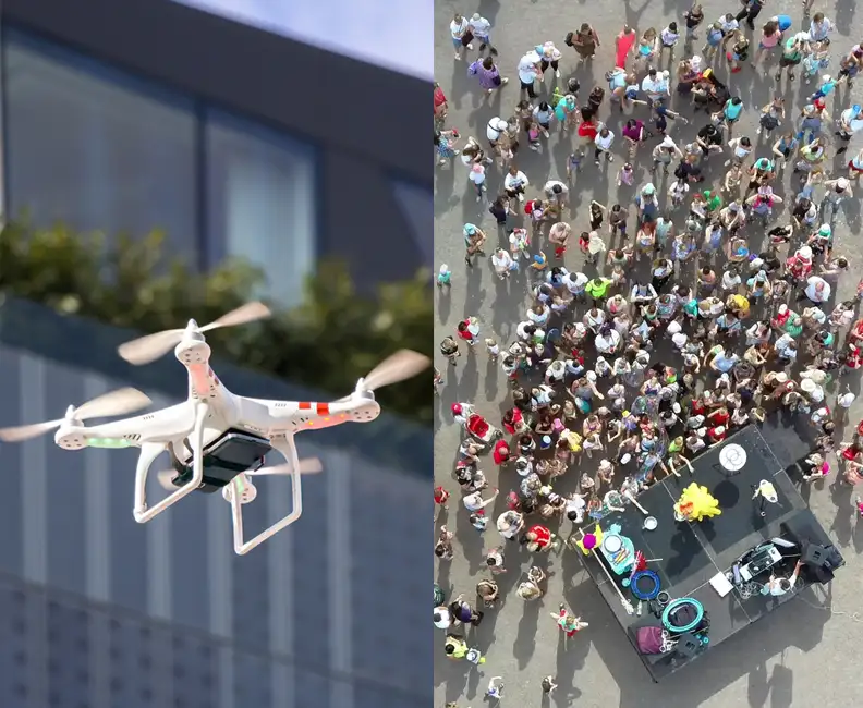 a radar mounted on a drone and a large crowd of people