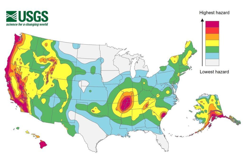 Map of United States with color-coded earthquake hazard