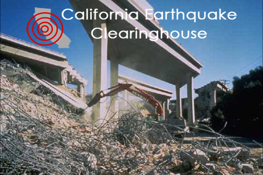 California Earthquake Clearinghouse logo over an image of earthquake damage