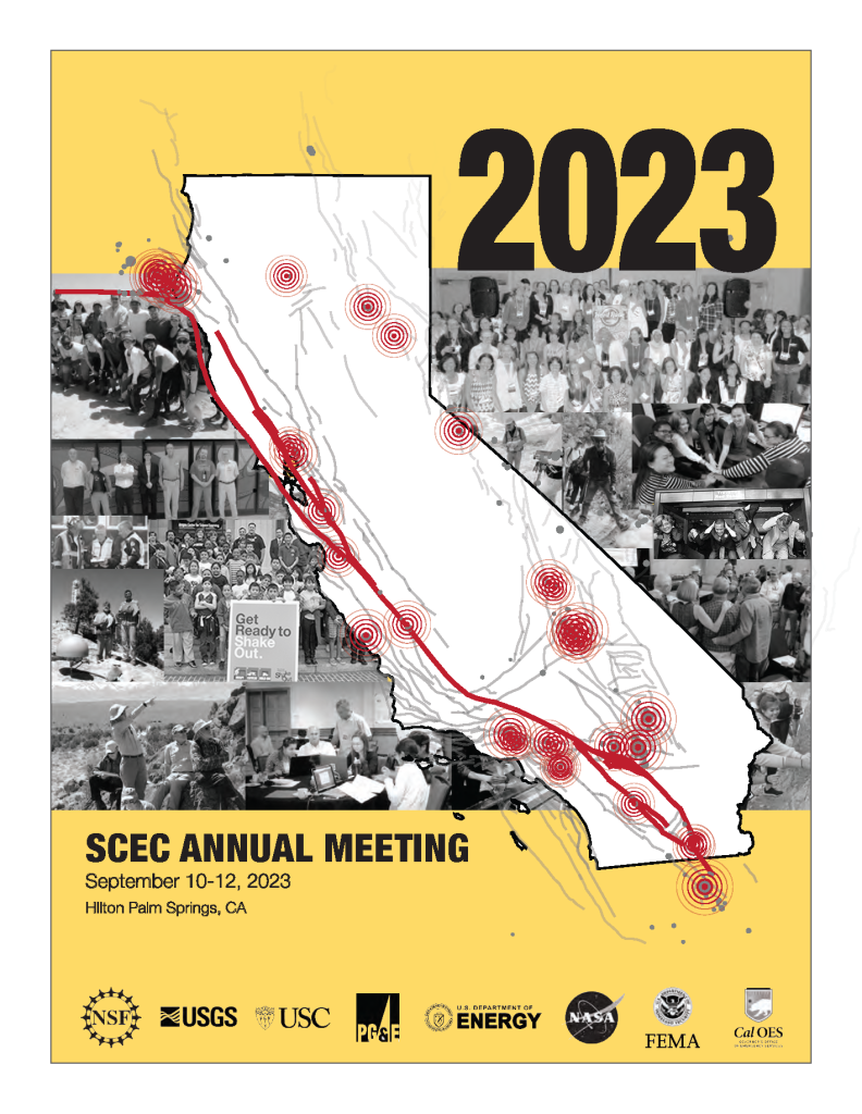 Cover of the SCEC2023 print program which includes SCEC sponsor logos (NSF, USGS, USC, PG&E, DOE, NASA, FEMA, Cal OES). The meeting ran from 9/10/2023 - 9/12/2023 in the Hilton Hotel in Palm Springs, California.