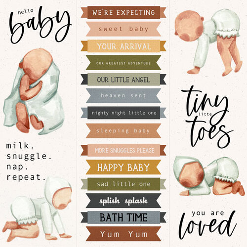 Scrapbook Customs - Baby Watercolor Collection - 12 x 12 Single Sided Paper - Cut-Outs - Babies and Phrases 1