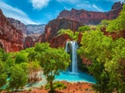 Stany Zjednoczone, Arizona, Park Narodowy Wielkiego Kanionu, Wielki Kanion Kolorado, Skały, Drzewa, Wodospad, Havasu Falls