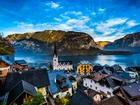 Austria, Góry, Alpy, Miasteczko, Hallstatt, Domy, Kościół, Jezioro Hallstattersee