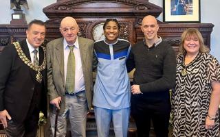 Cindy Ngamba with the Mayor and Mayoress of Bolton and her boxing coaches