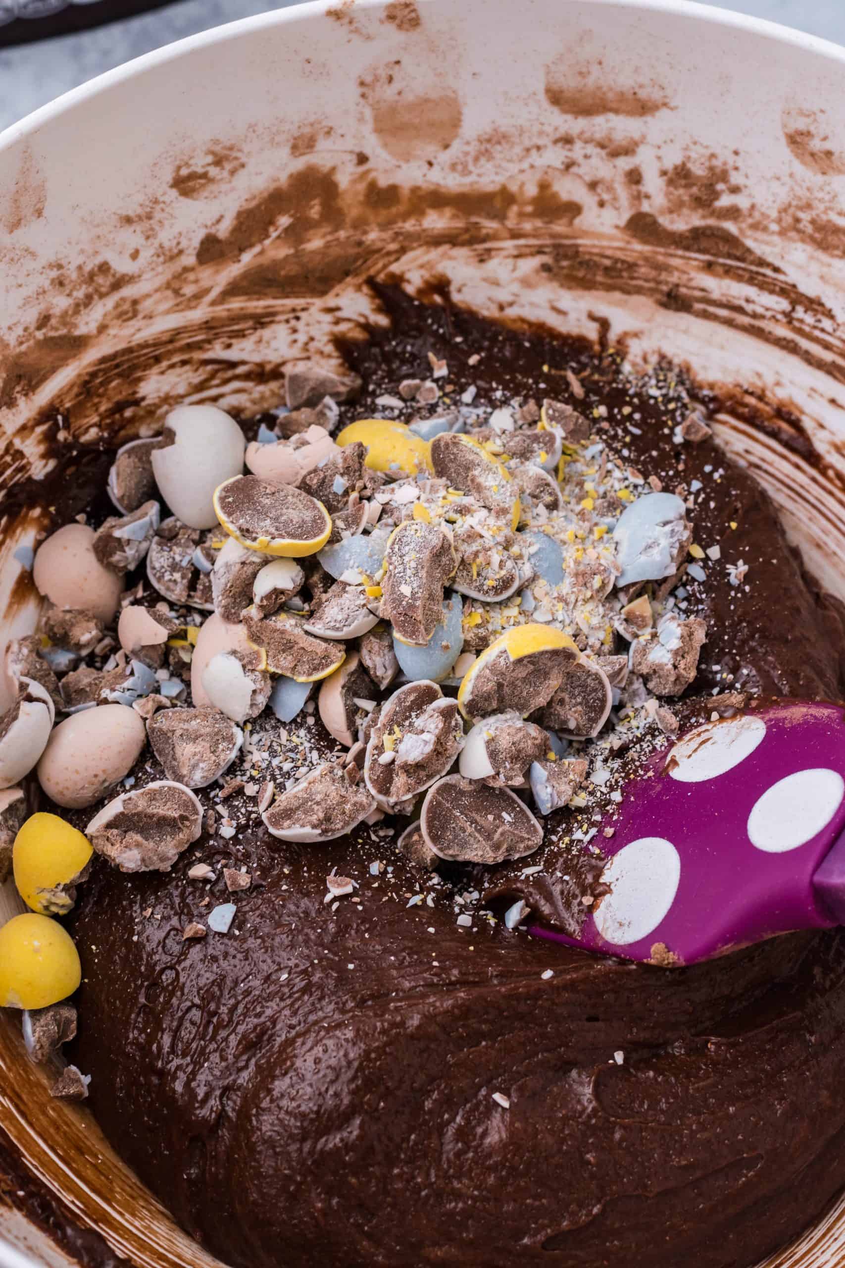 crushed mini Cadbury eggs added to brownie batter.