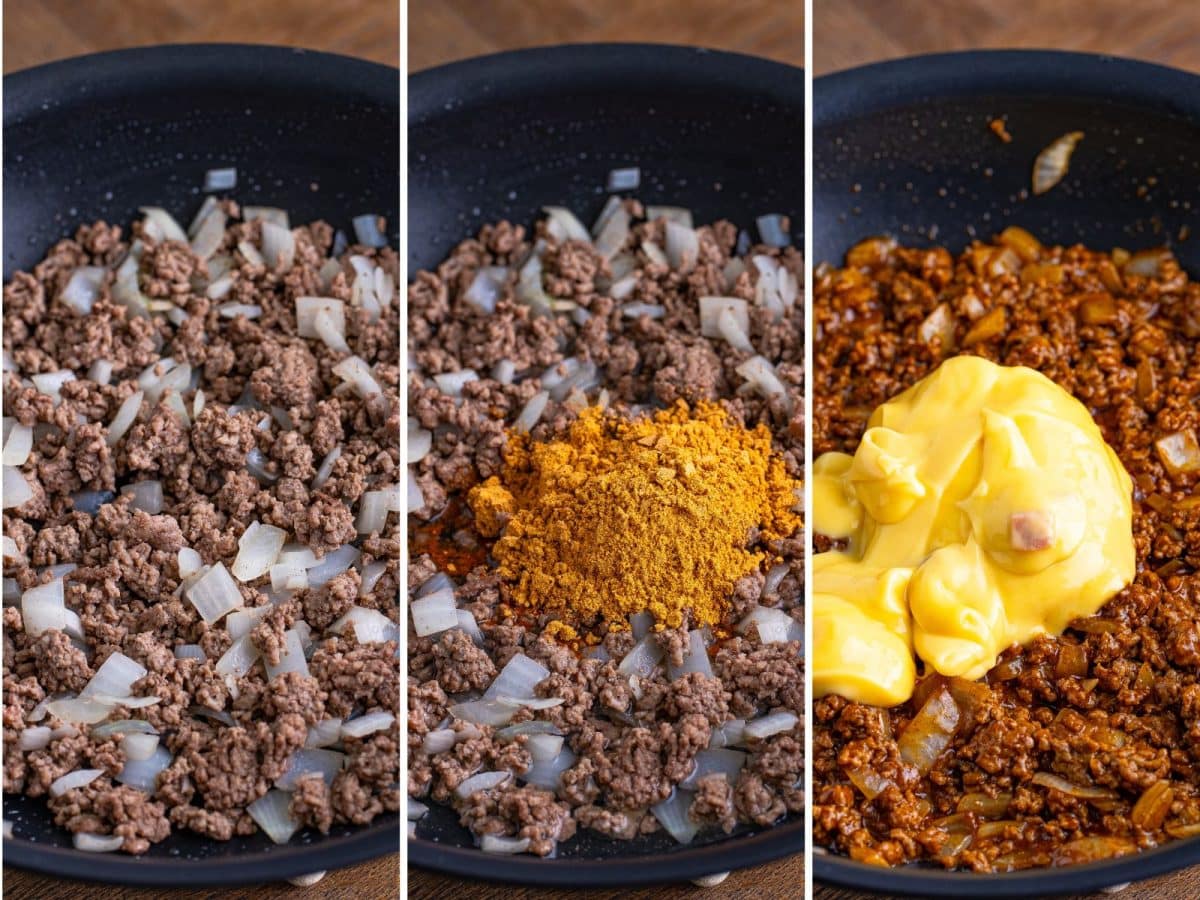 A skillet with ground beef and onion, another with taco seasoning on top and another taco flavored ground beef and onion with cream of chicken soup sitting on top.