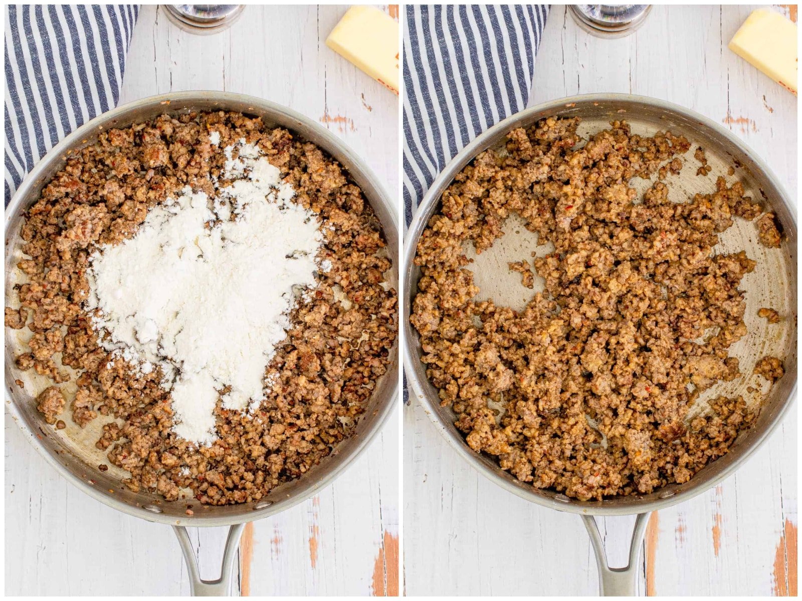 collage of two photos: flour added to sausage mixture in skillet; sausage shown after it has soaked up the flour. 