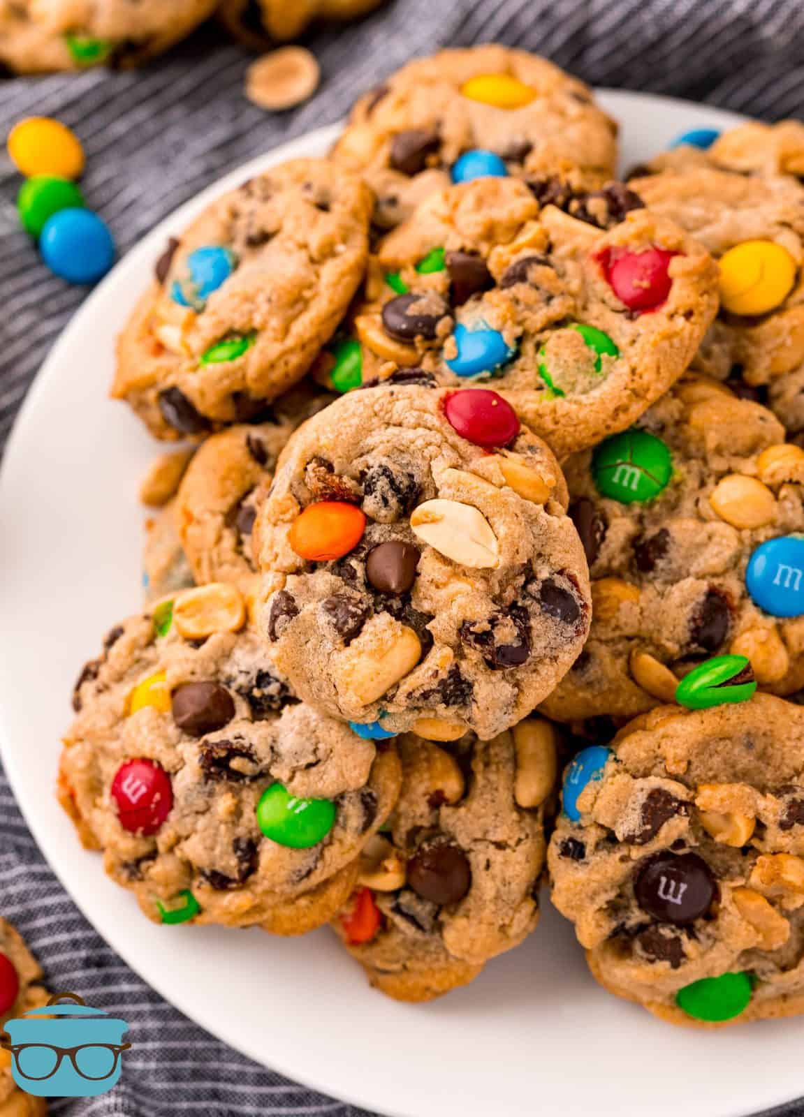 Overhead photo of Trail Mix Cookies stacked on white plate.