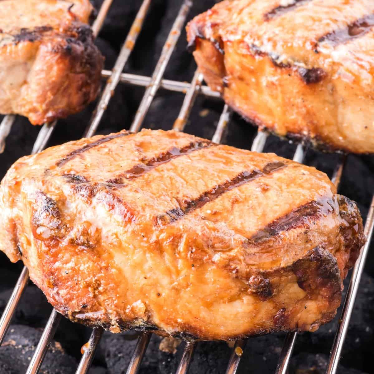 Looking close up on a grilled pork chop with grill marks on a grill grate.