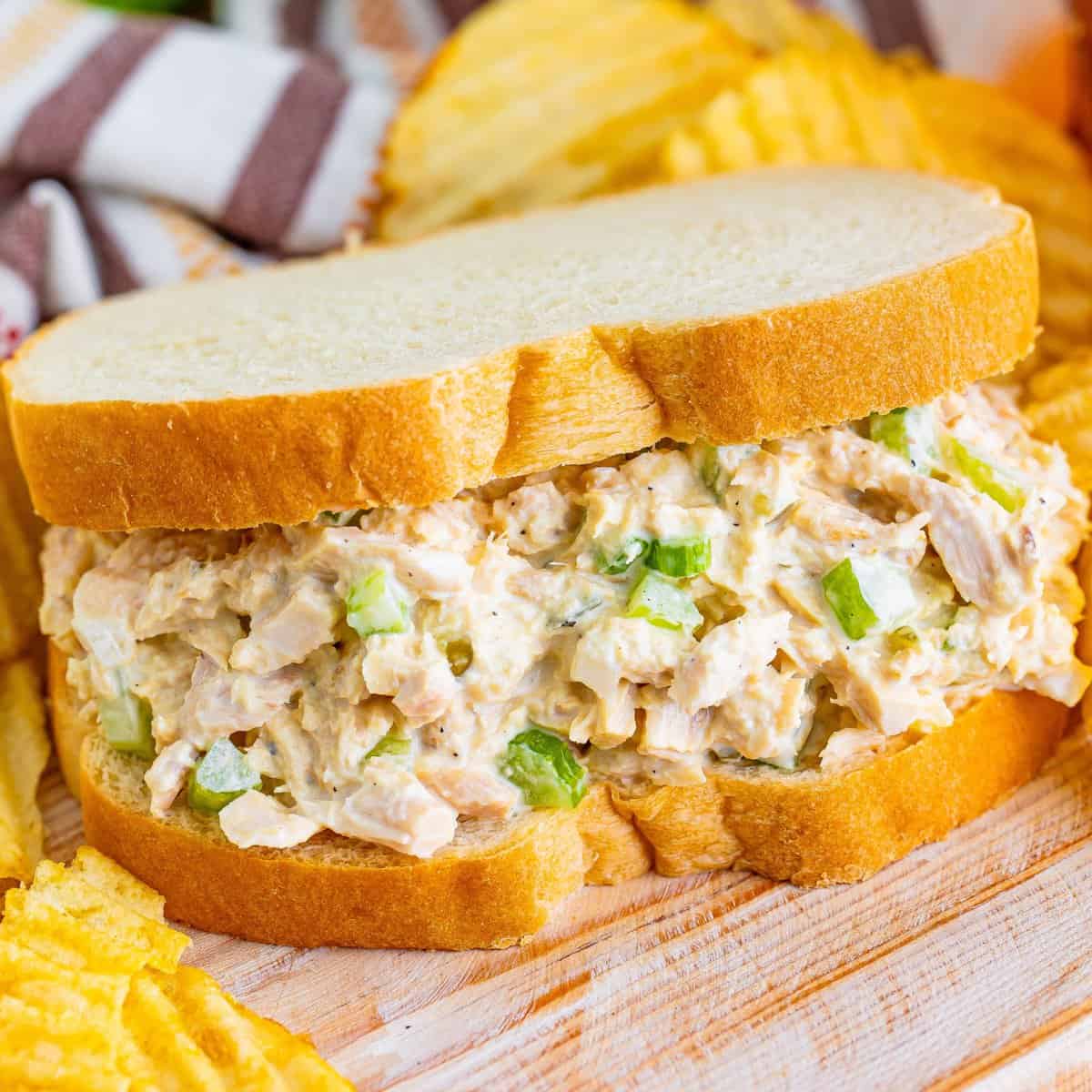 Close up looking at a Tuna Salad sandwich.