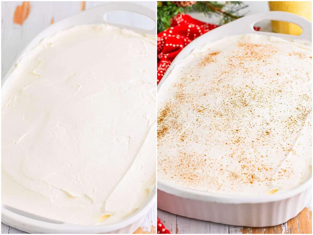 collage of two photos: whipped topping spread on top of cake; cinnamon and nutmeg sprinkled on top of whipped topping. 