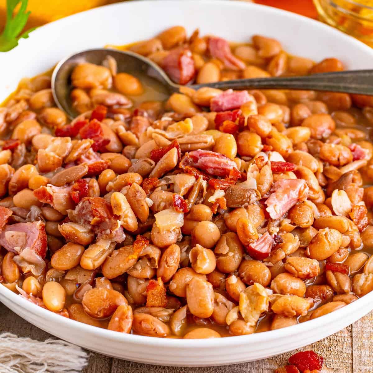 Close up looking at a white bowl of Soup Beans.