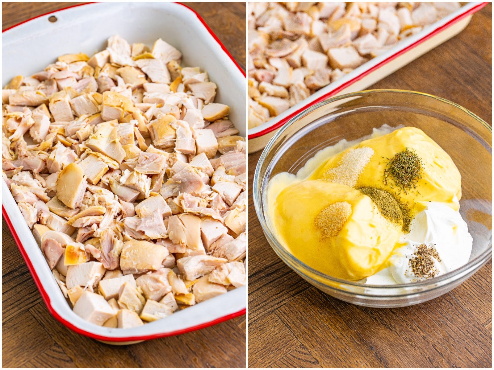 collage of two photos: diced cooked chicken in a baking dish; cream of chicken soup, sour cream and seasonings in a clear bowl. 