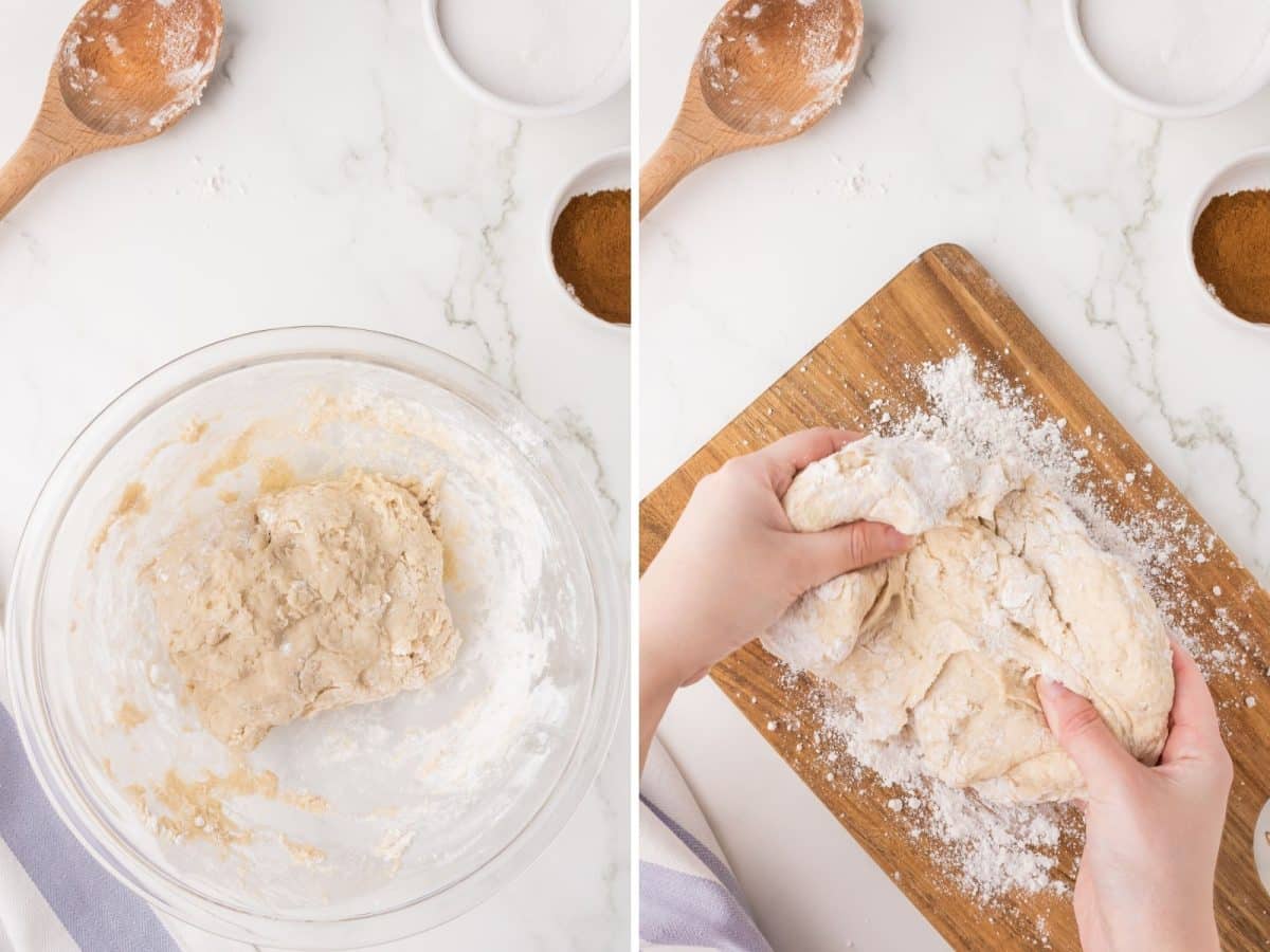 Pretzel dough in a bowl and some hands kneading some pretzel dough on a board.