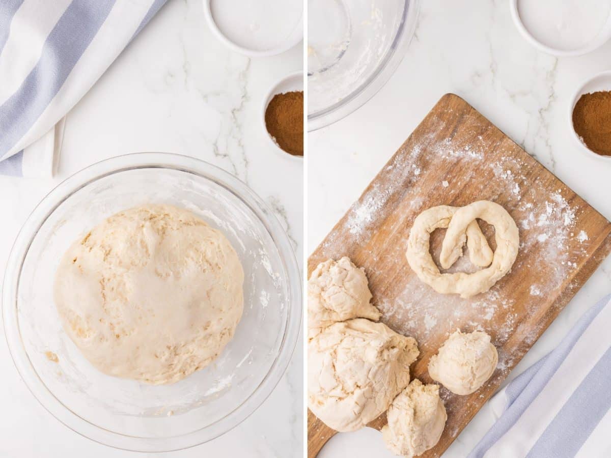 Proofed bread dough in a bowl and a few dough balls with one shaped pretzel.