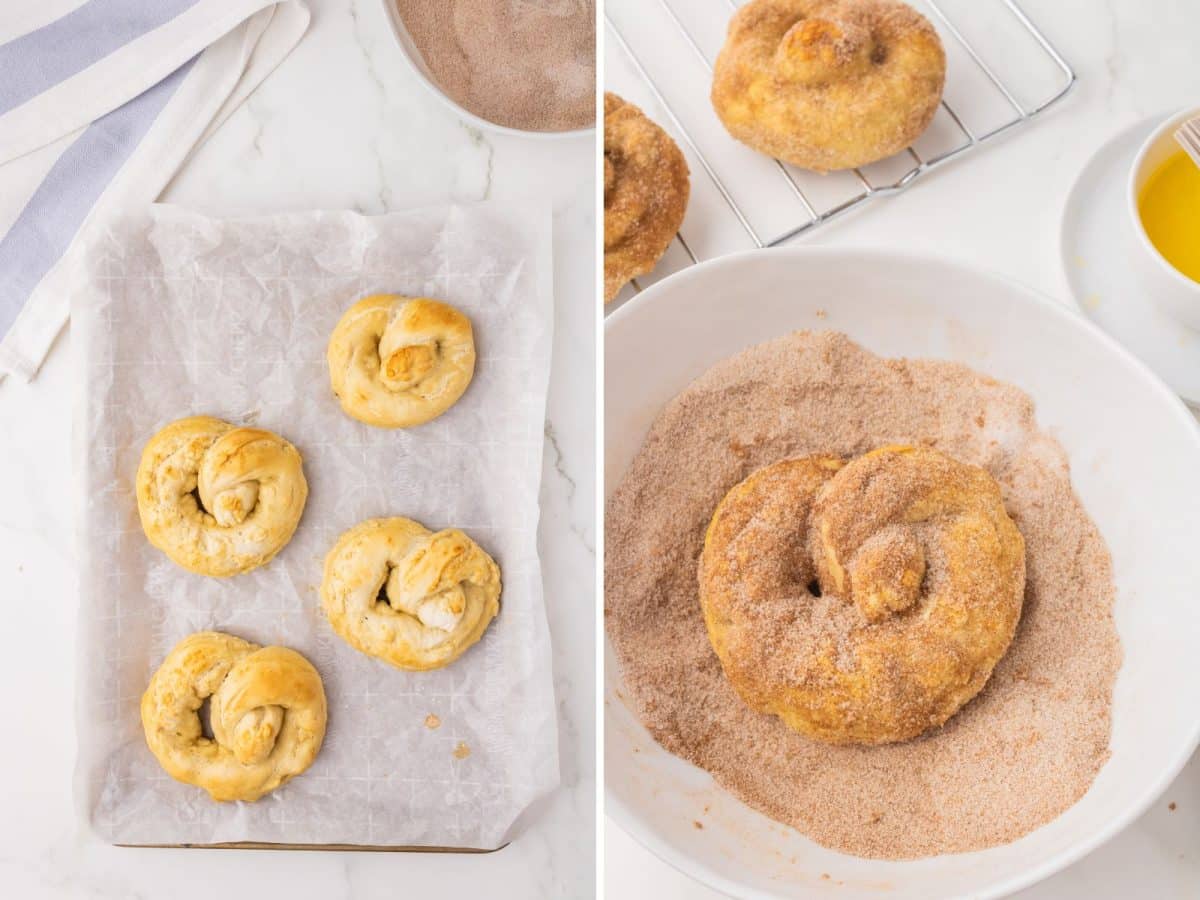 A few baked pretzels and a pretzel in a bowl of cinnamon sugar mixture.