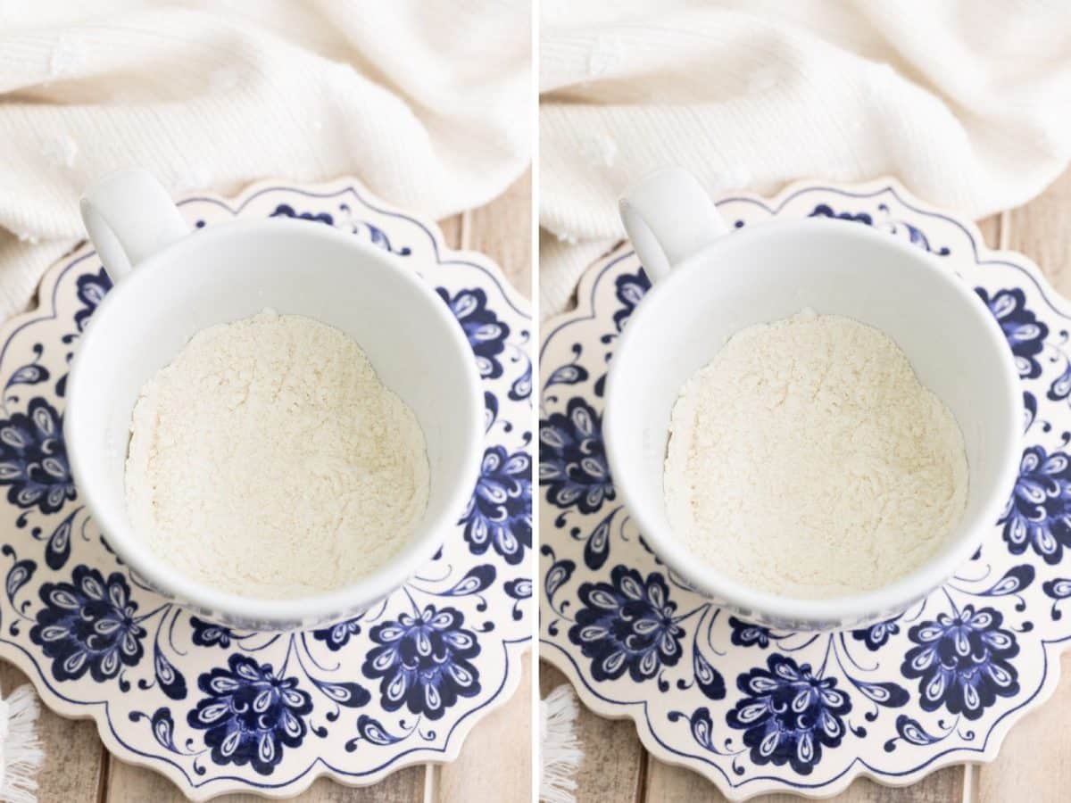 A mug with flour, sugar, and baking powder and another mug with flour, sugar, and baking powder, butter, and vanilla.