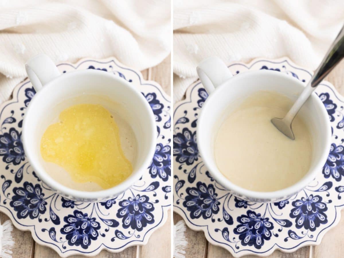 A mug with butter and dry ingredients for a pancake and a spoon in a mug with pancake batter.