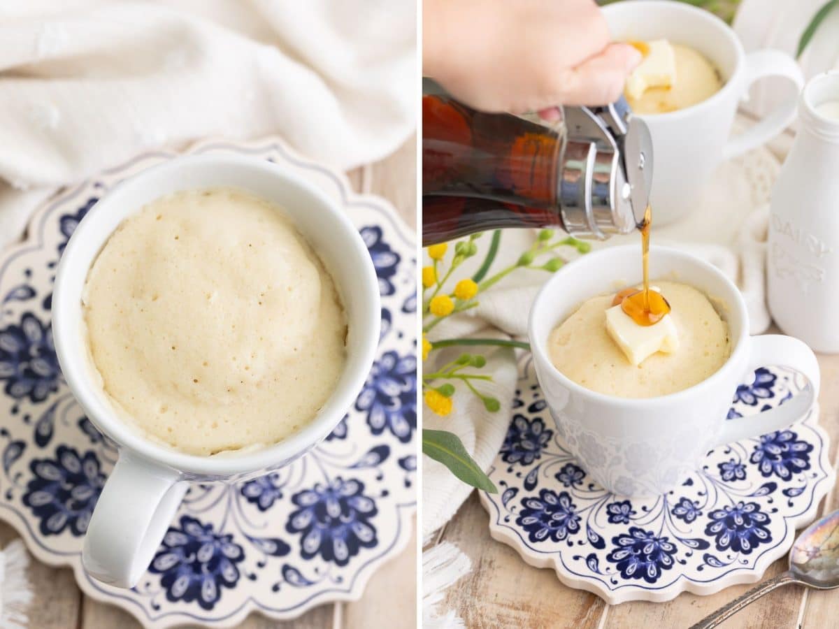 A baked pancake in a mug and syrup and a pad of butter on top of another mug with pancake.