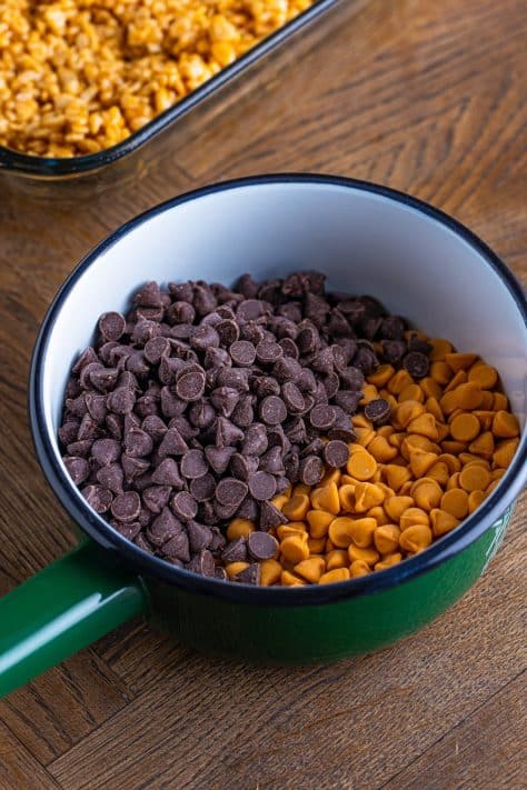 Butterscotch and chocolate chips in a pan.