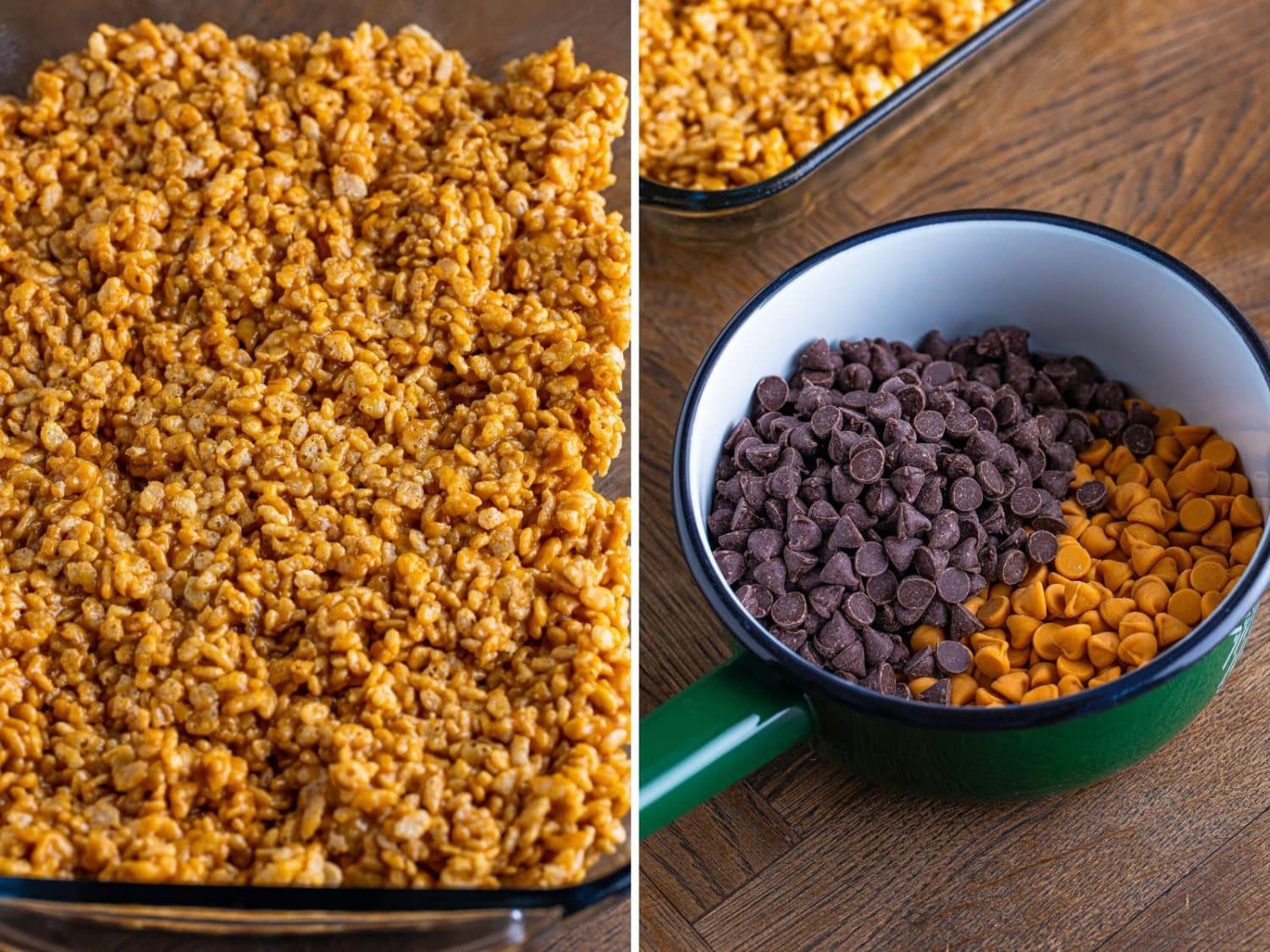 A pan with the coated cereal mixture and a pot with butterscotch and chocolate chips.