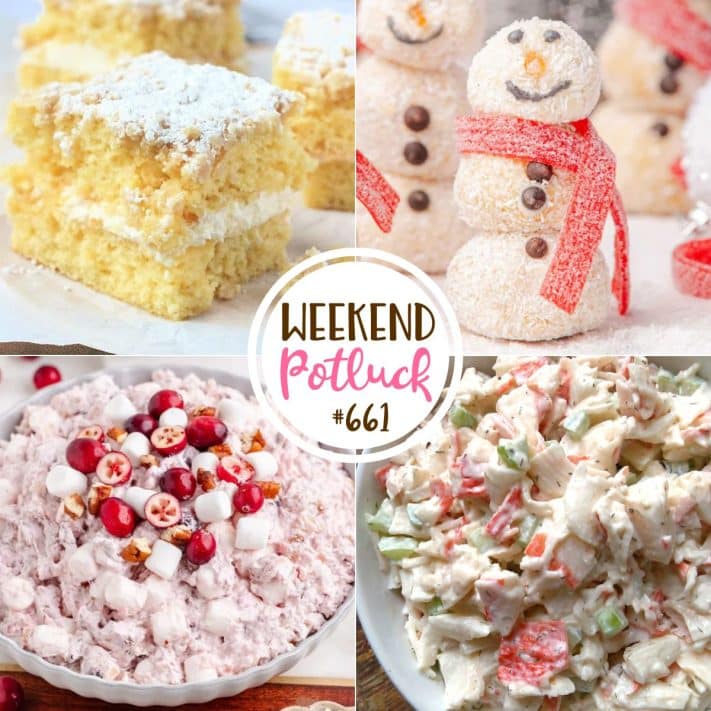 Weekend Potluck featured recipes include: Swedish Flop, Cranberry Fluff Salad, Snowman Coconut Truffles and Seafood Salad.