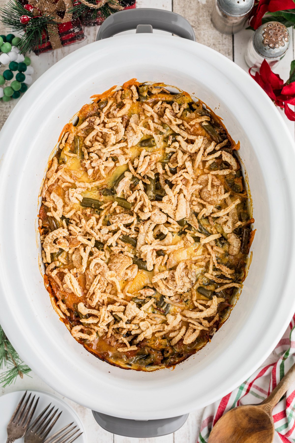 Christmas casserole after cooking in a crockpot.