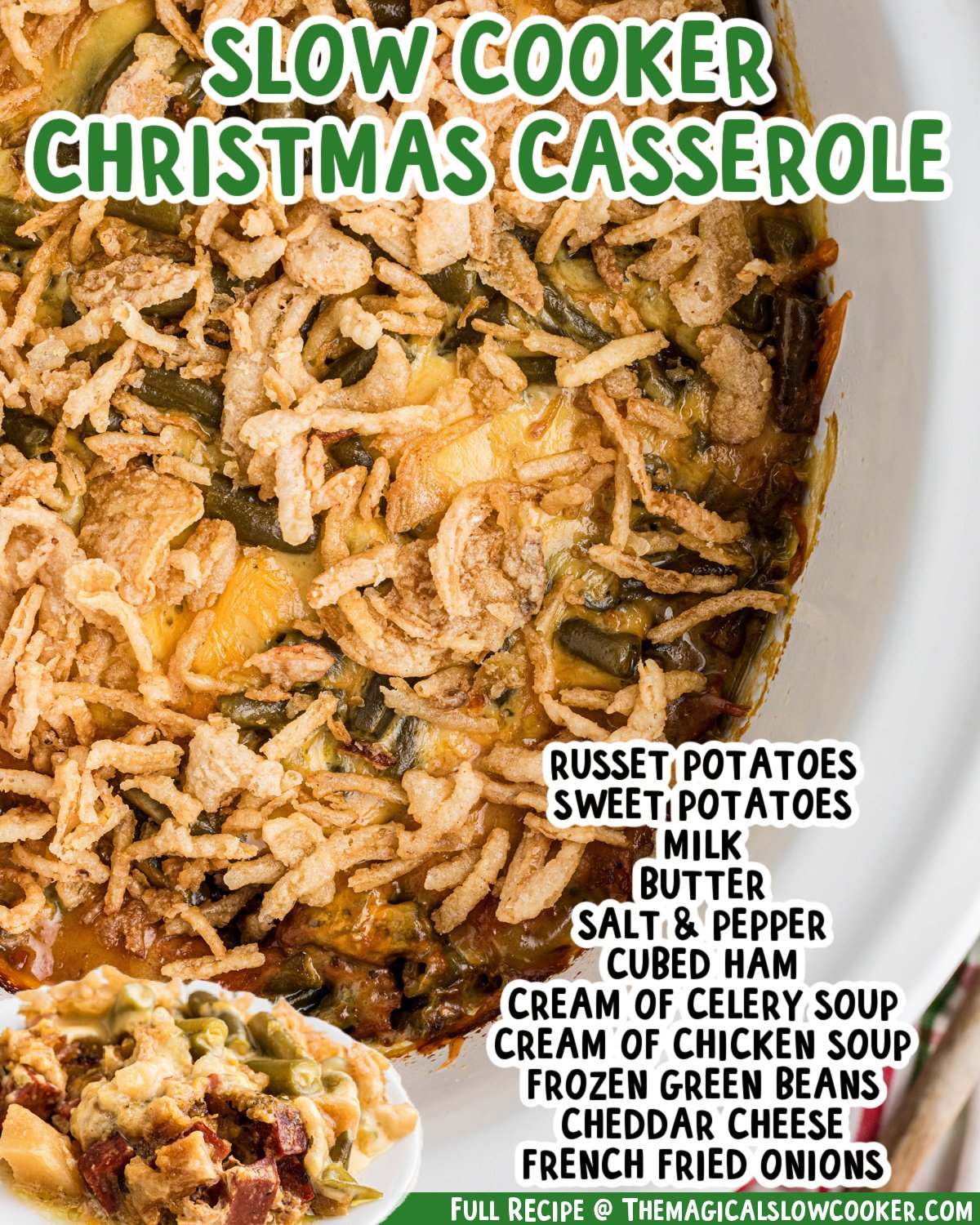 Two images of slow cooker Christmas casserole with text list of ingredients.