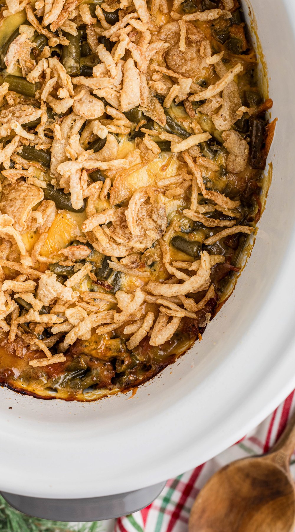 Long image of slow cooker Christmas casserole.