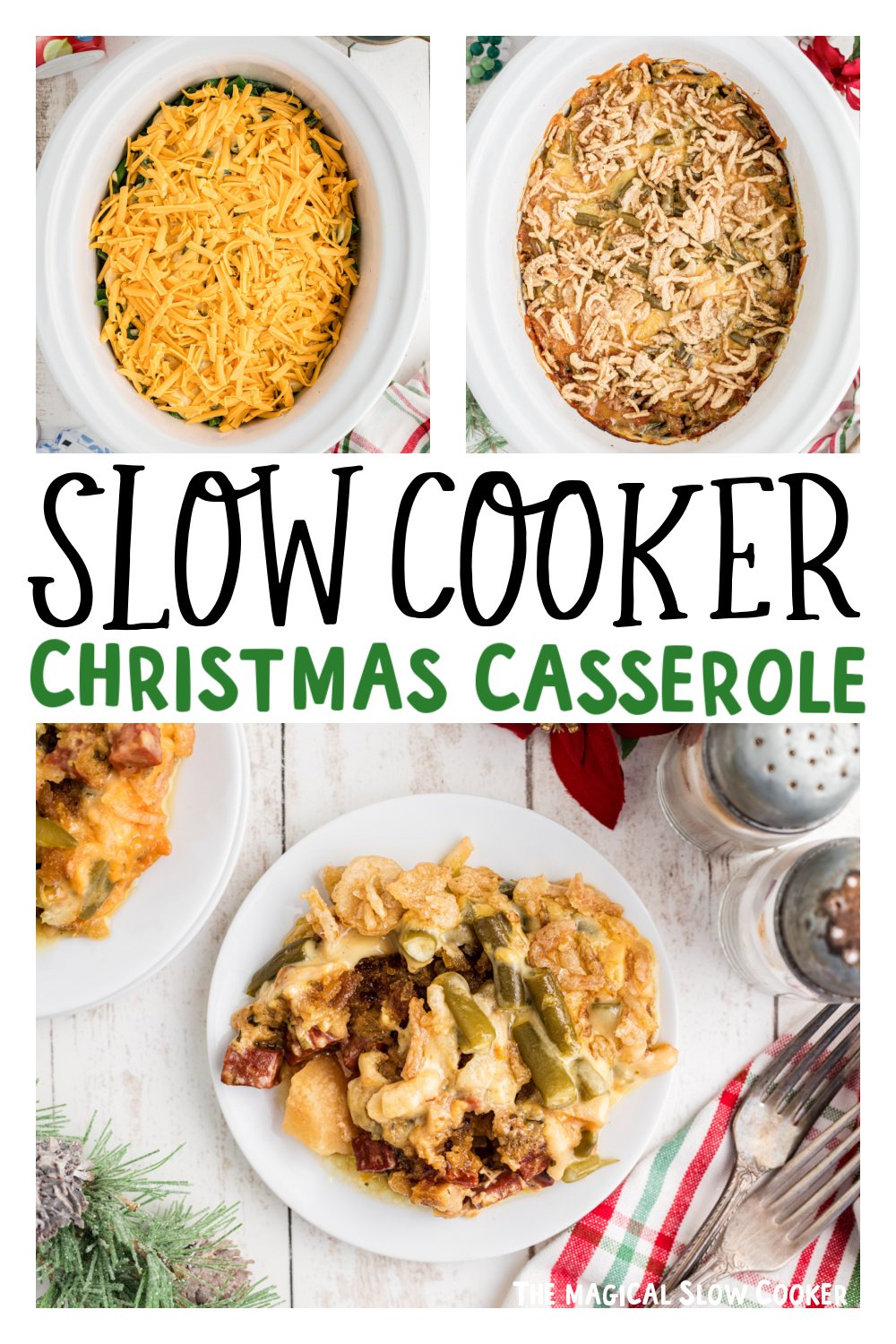 Three images of slow cooker Christmas casserole for pinterest.