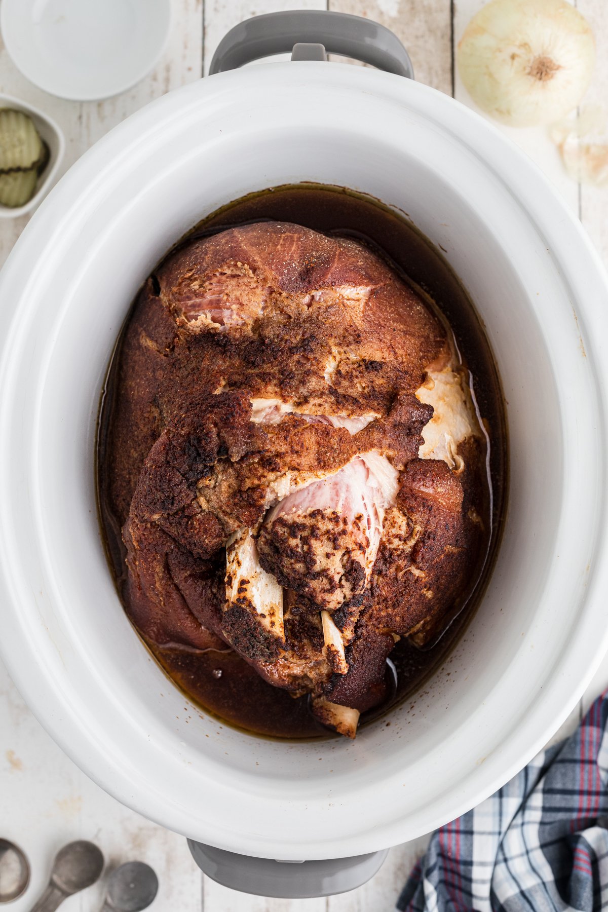 picnic ham after cooking in a crockpot.