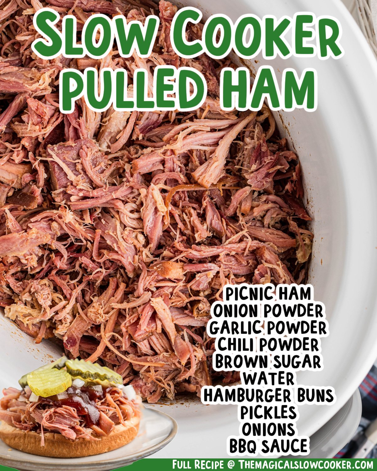 two images of slow cooker pulled ham with text list of ingredients.