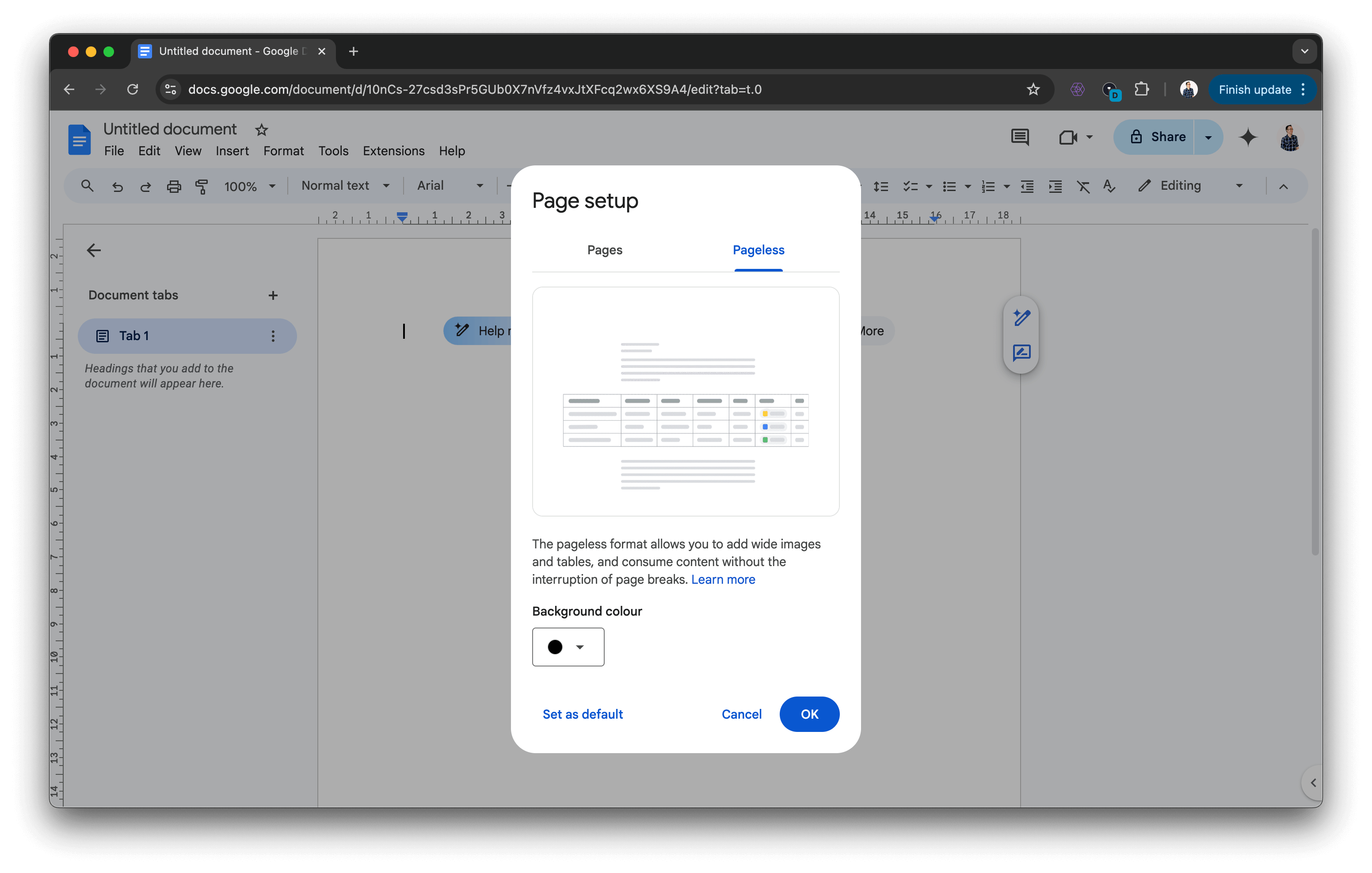 A screenshot of the Google Docs page setup modal, with pages/pageless mode