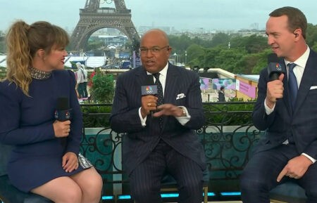 Kelly Clarkson, Mike Tirico, and Peyton Manning hosting the Paris 2024 Olympics opening ceremony