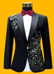 Men Suits ( Jacket + Pants ) Fashion Black Paillette Embroidered Male Singer Slim Performance Party Prom Costume