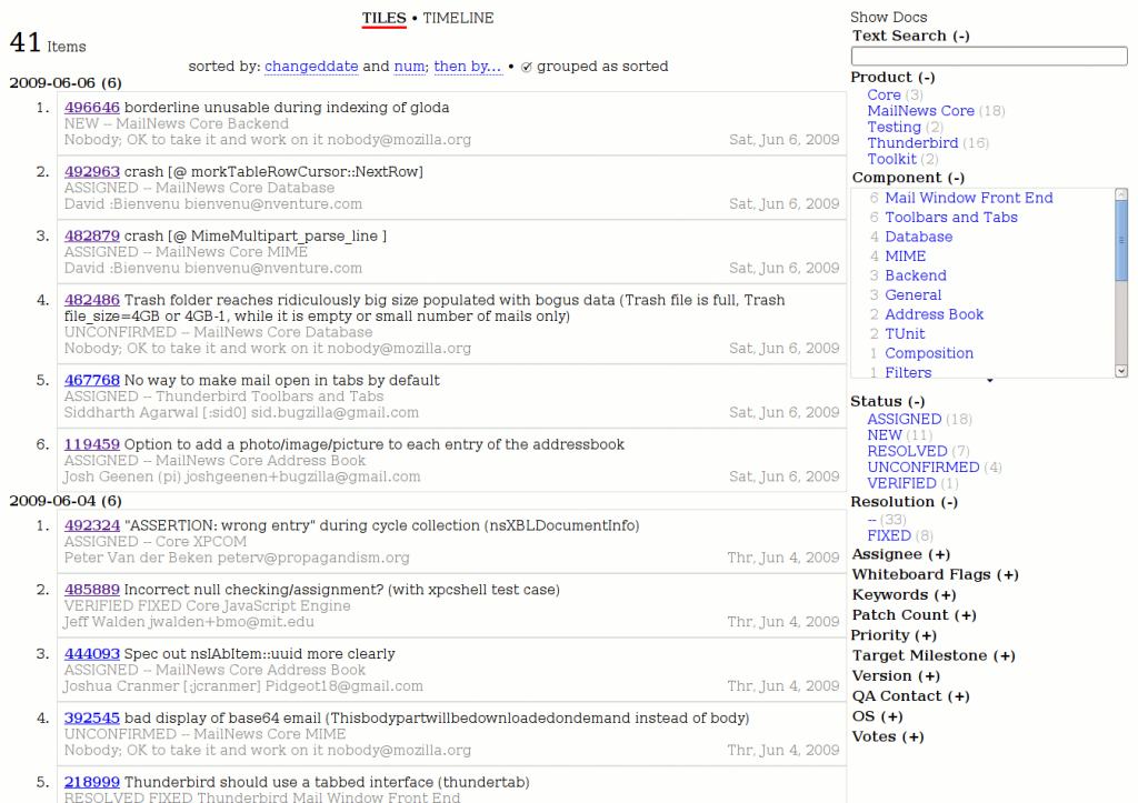 A barely relevant screenshot of the bugxhibit UI based on the SIMILE exhibit faceting system.  The UI shows a list of bugzilla bugs grouped by date, with a column consisting of the following facets: bugzilla product, bugzilla component, bug status, bug resolution, assignee, whiteboard flags, keywords, patch count, priority, target milestone, version, QA contact, OS, Votes.  Follow the related link below for a list of blog posts with more details on this.